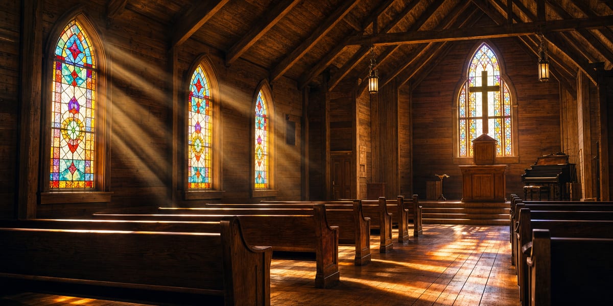 Editorial illustration of a country songwriter at an upright piano in a small wooden church, with hymnals stacked on a side pew and a steel guitar leaning against the back wall, evoking gospel as the hidden architecture of the country song.