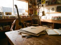 Americana records and guitar in a warm listening room.