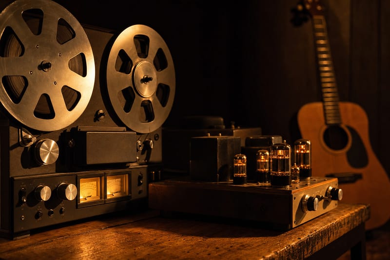 A close-up of a reel-to-reel tape machine and a small tube preamp in a studio, representing analog warmth in recording.