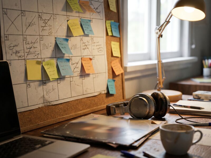 Artist development calendar with headphones, sticky notes, and release planning materials.