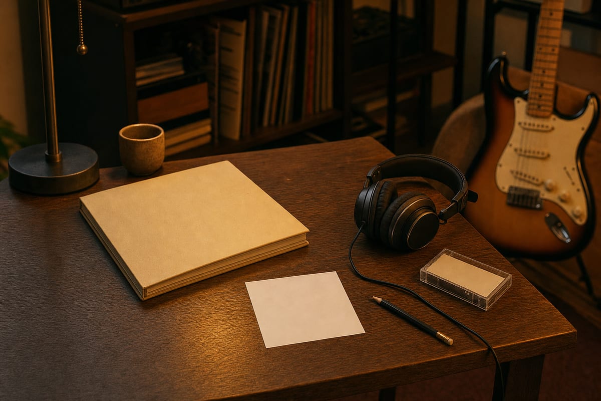 Warm amber studio desk with a closed cream portfolio, blank artwork card, headphones, pencil, cassette case, and a resting guitar in the background.