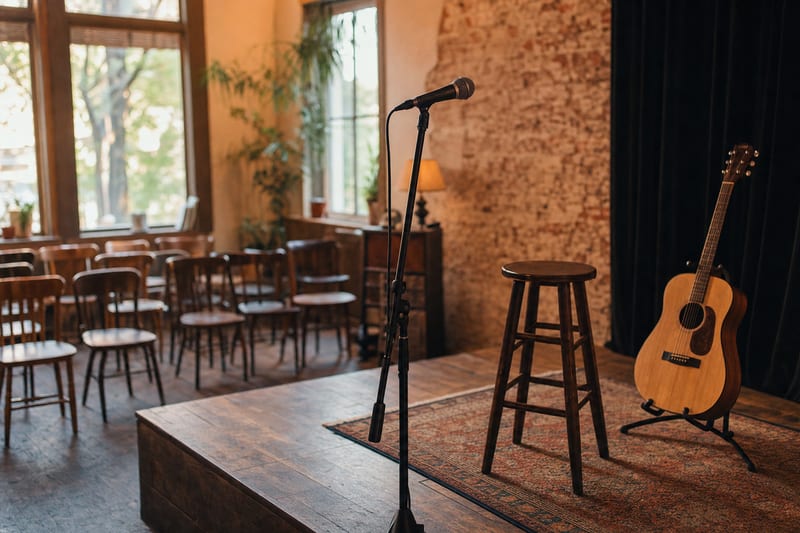 A single microphone on a stand at the front of a small low stage in an intimate venue, with a wooden stool and an acoustic guitar resting on a stand nearby, empty chairs facing the stage.