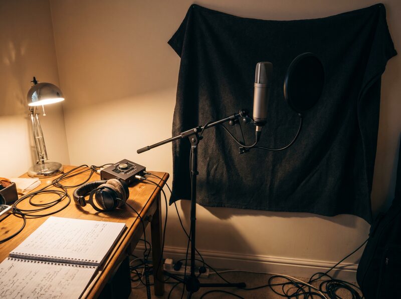 Affordable microphone setup in a modest home studio.