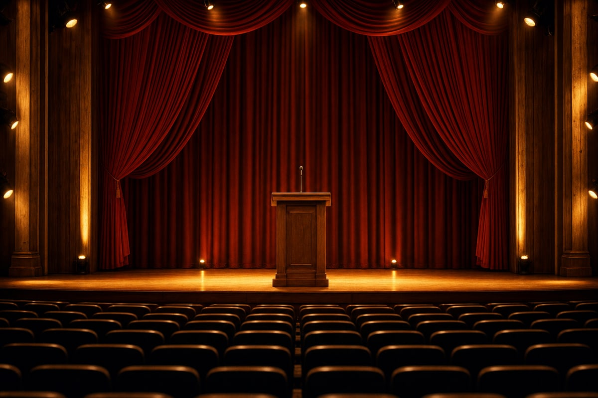 Photograph of a wide empty award venue stage in warm stage lighting: rows of empty theater seats in shallow depth, a podium at center stage with a simple microphone stand, stage curtains in deep red, soft gold and amber lighting across the floor. No people, no readable text. Documentary editorial photography, warm country music ceremony atmosphere.