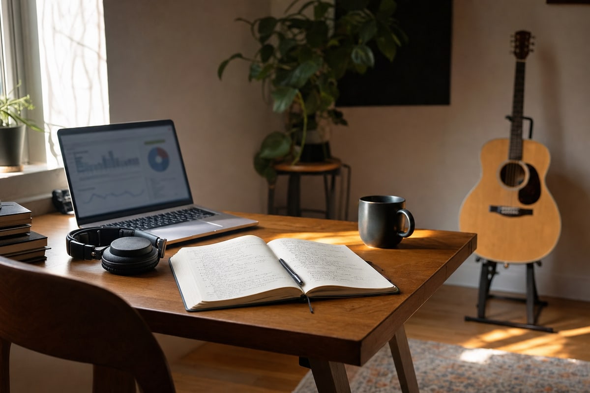 Photograph of a working musician's home studio: a wooden writing desk by a window with a laptop showing a streaming analytics dashboard, an open lyric notebook with a pen across it, a pair of closed-back headphones resting on the desk, a dark ceramic mug, a small leafy plant by the window, and an acoustic guitar on a stand against the wall in afternoon light.