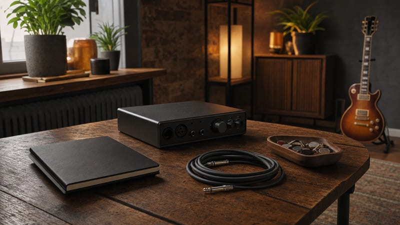 Warm studio table with a closed black notebook, audio interface, cable, pick tray, and a small intact guitar resting on a stand in the background.