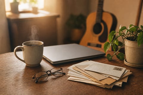 Editorial photo: a musician typing on a laptop at a kitchen table with a notebook and coffee nearby, soft morning light, no readable text