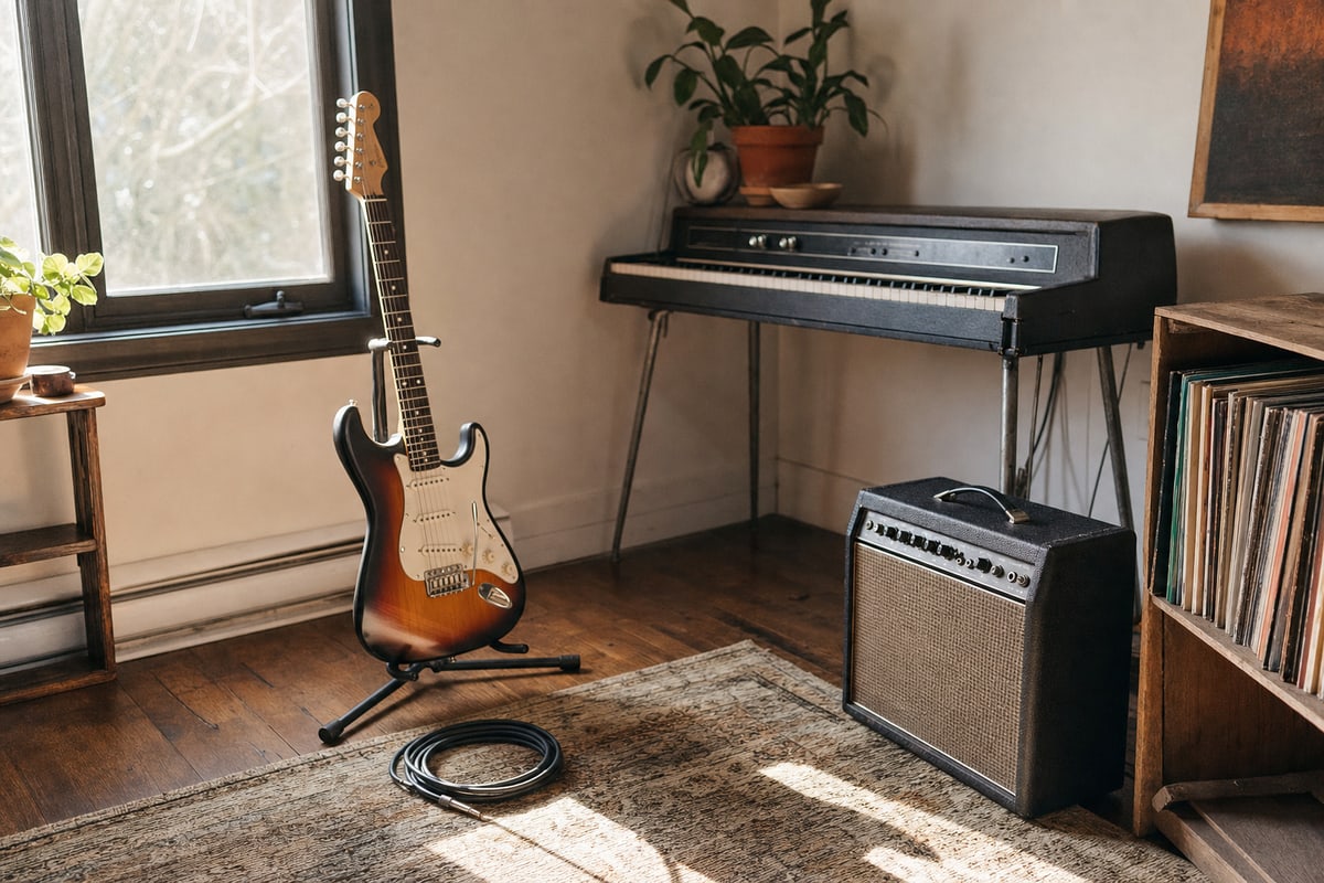 Photograph of a working musician's listening corner in warm window light: a sunburst electric guitar on a stand on a worn rug, an electric piano on a metal-leg stand with a leafy potted plant on top, a small combo amp with a coiled cable in front, a wooden shelf of vinyl LPs at the right, and afternoon sun through a side window across the hardwood floor.