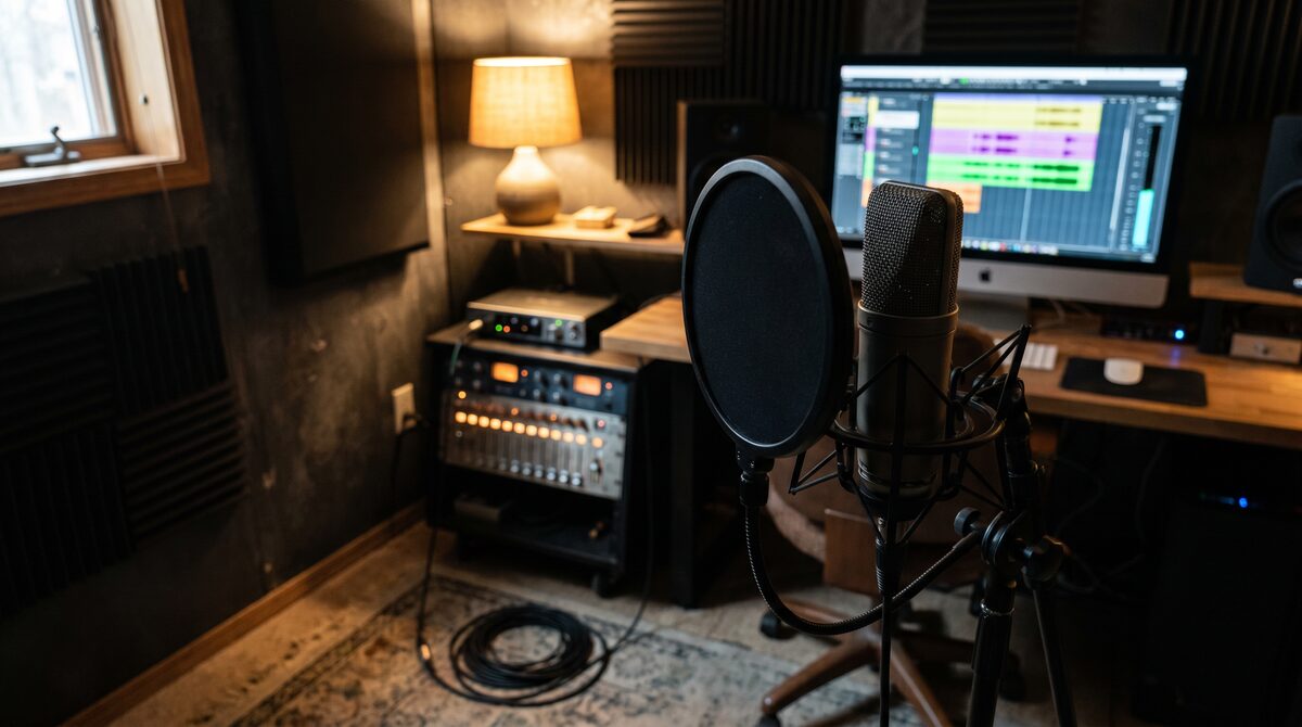 A serious independent artist home studio with a vocal microphone, pop filter, outboard gear, and a DAW session in the background.