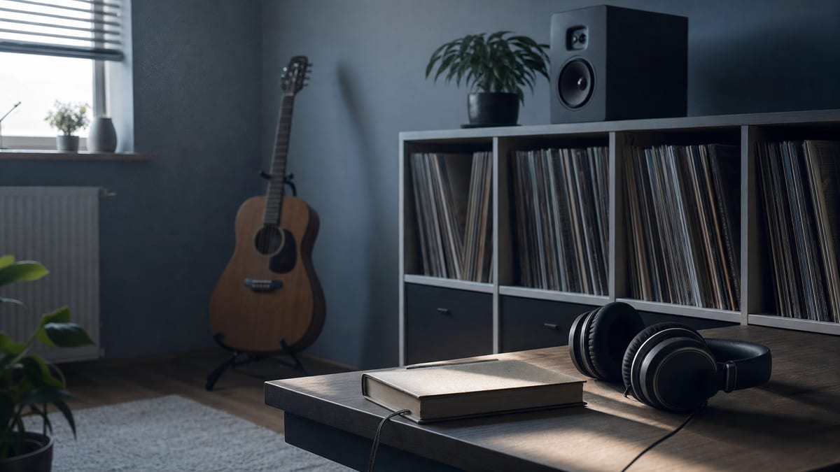 Cool blue-gray listening room with record shelves, headphones, a speaker, and a guitar resting on a stand.