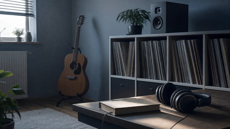 Cool blue-gray listening room with record shelves, headphones, a speaker, and a guitar resting on a stand.