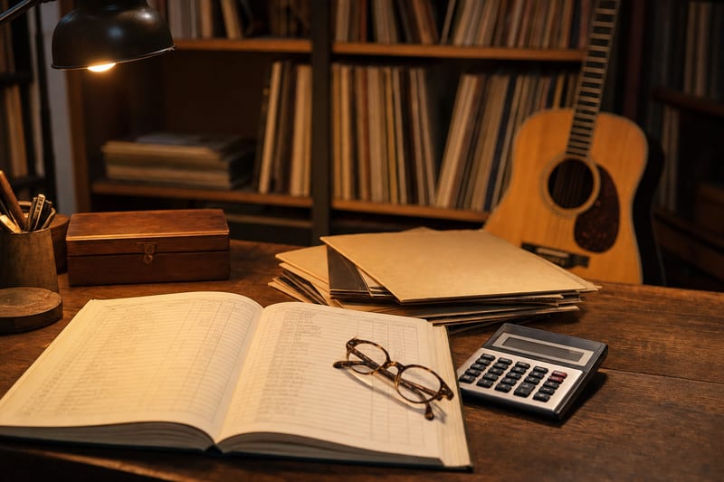 A desk with a financial ledger of blurred numbers, a stack of vinyl records, and a calculator under a lamp, an acoustic guitar resting against a bookshelf in the background