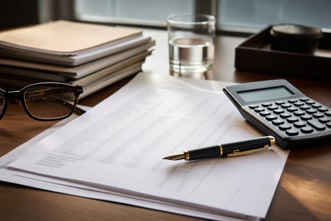 A desk with royalty statements, a financial calculator, a pen, and reading glasses arranged in warm natural light, suggesting careful financial review