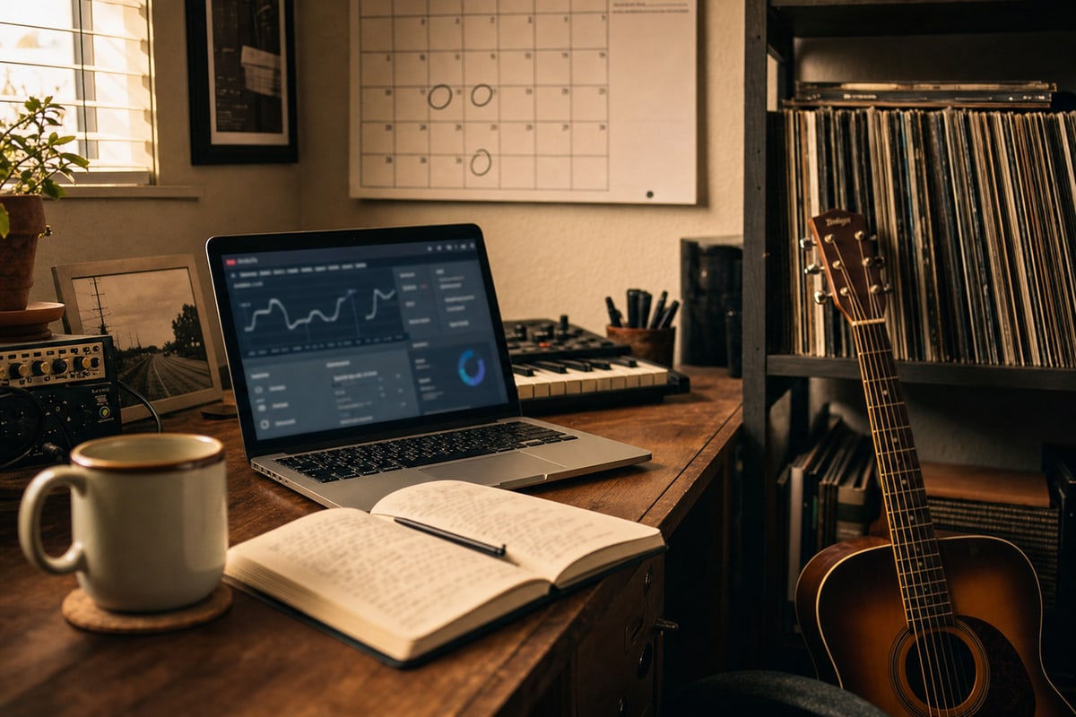 Photograph of a musician home studio workspace in warm afternoon light: a laptop open to a streaming dashboard with blurred non-readable data, a wall calendar with pencil circles on dates, vinyl records on a shelf, a small acoustic guitar leaning nearby, an open notebook with a pen, a ceramic mug. No readable text anywhere. Quiet documentary still-life, restrained Americana palette.