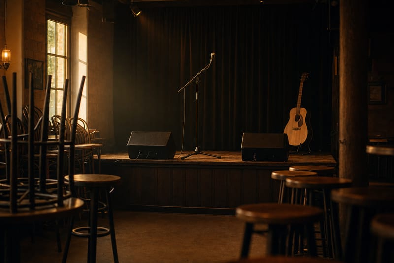 An empty warm live club scene with a guitar resting on a stand near the stage