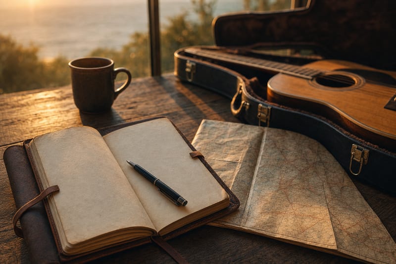 A journal and map on a table in warm light beside a guitar resting in an open case.