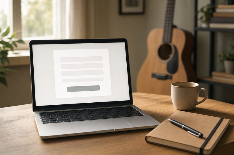 A tidy desk with an open laptop showing a blank sign-up form layout, a notebook, and a resting acoustic guitar in soft natural light, no readable text.