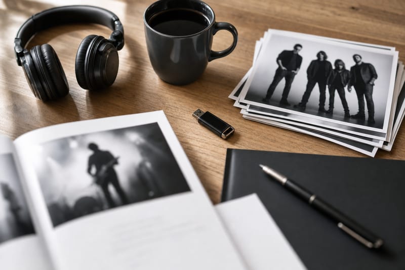 A musician press kit laid out on a wooden table: black-and-white band photos, headphones, a USB drive, a mug, and an open booklet.