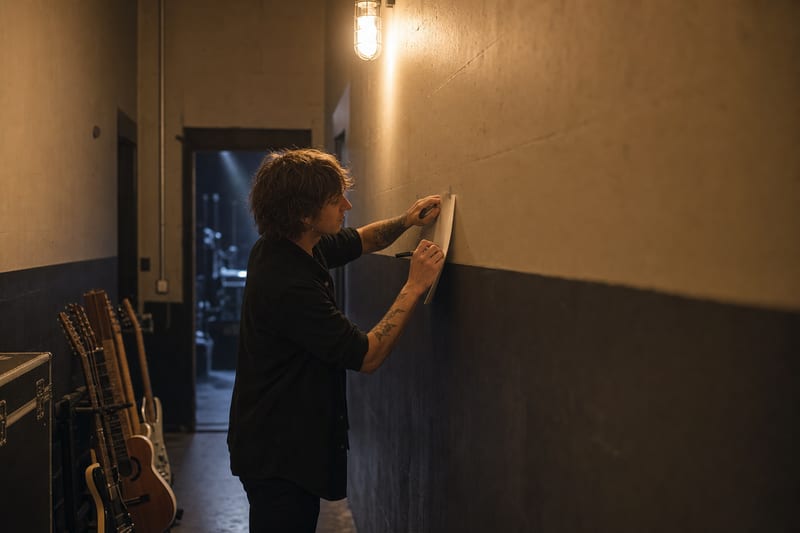 Musician taping a set list to a backstage wall before a show.