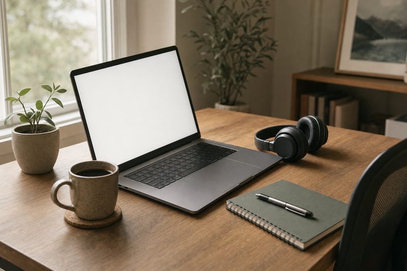 A warm home office desk with an open laptop showing a blank screen, a coffee mug, a potted plant, over-ear headphones, and a closed spiral notebook with a pen resting on top
