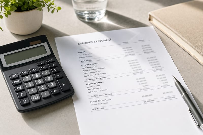 Editorial photograph, top-down view of a clean desk with a royalty statement printout, a calculator, a pen, and a phone showing a simple music player interface, lit by soft window light.