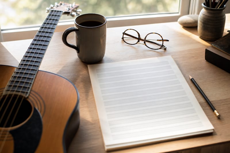 A songwriter desk by a window with an acoustic guitar resting beside blank staff paper, a pencil, glasses, and a mug of coffee.