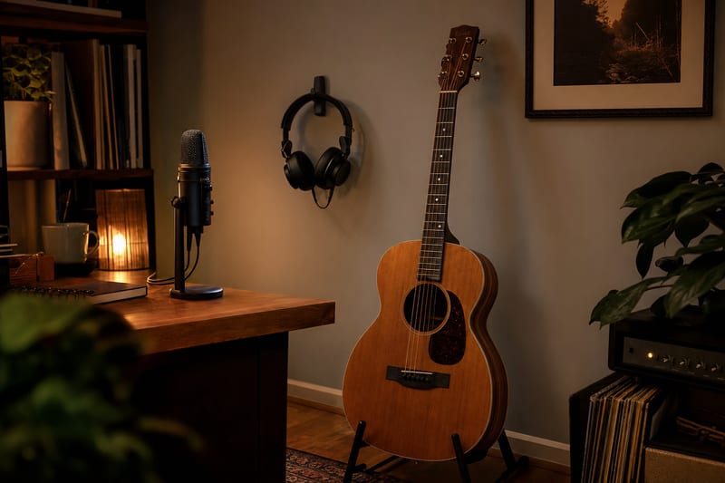 Editorial photograph of a home studio desk with sheet music pages, a laptop, a pen, and a phone, with a guitar resting on a stand in the background.
