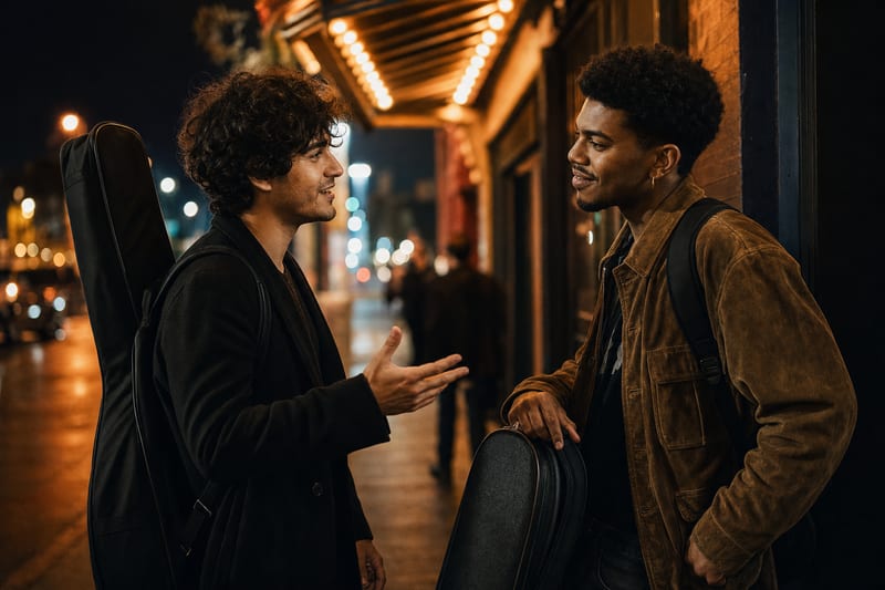 Two musicians chatting after a small venue show, holding instrument cases under warm stage lights (no readable text).