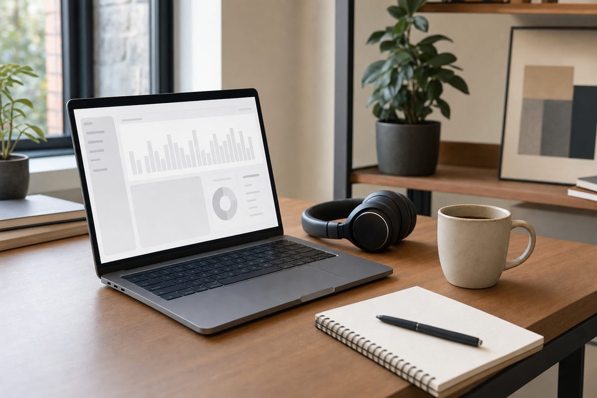 A laptop showing a blank music dashboard layout on a tidy desk beside headphones, a coffee cup, and a notepad in soft daylight.
