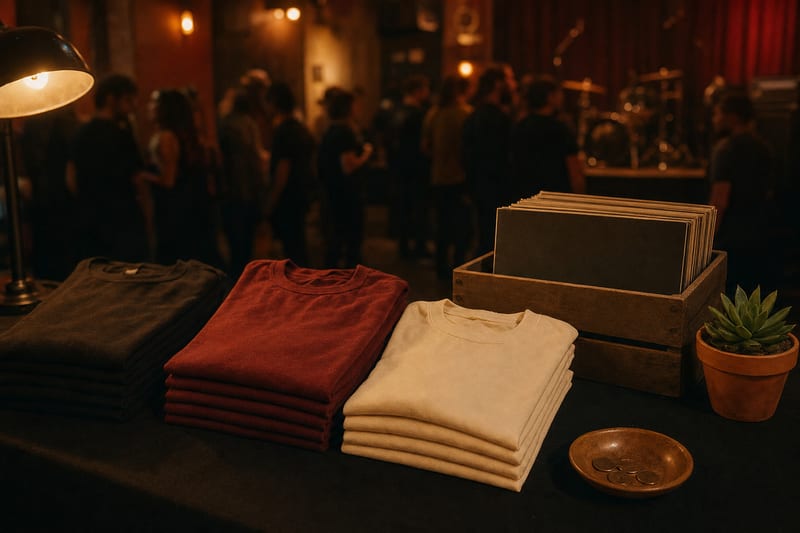 Editorial photo: a folded stack of band t-shirts and a small merch cash box on a table backstage, warm venue lighting, no readable text