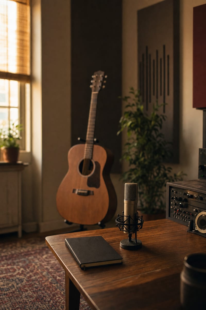 Warm home recording room with a closed notebook, condenser microphone, resting acoustic guitar, and quiet studio desk.