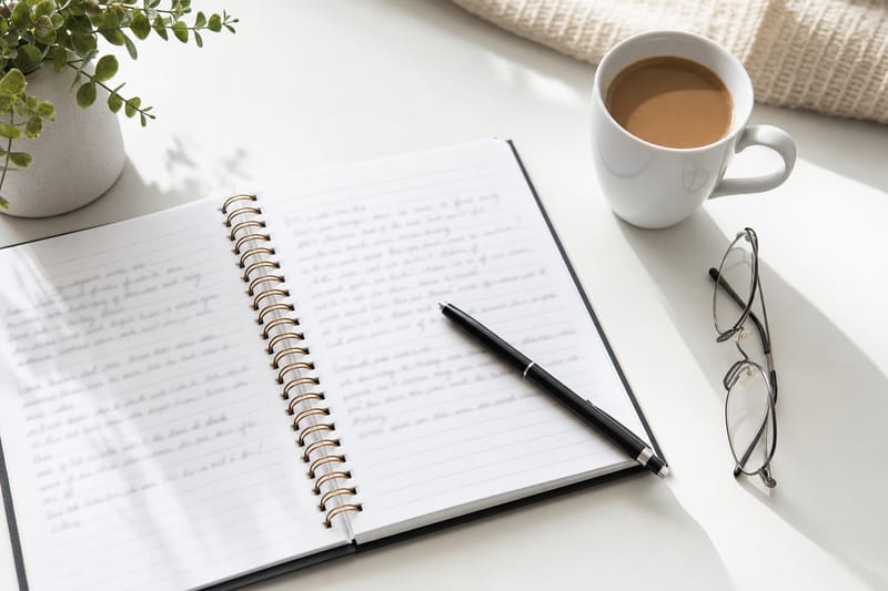 A bright flat-lay of a notebook and registration paperwork on a desk