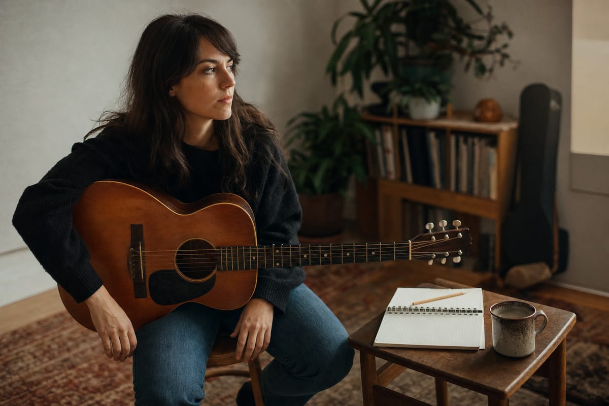 A singer-songwriter seated with an acoustic guitar resting across the lap, an open notebook and pencil and a mug on a side table, in a warm home room.
