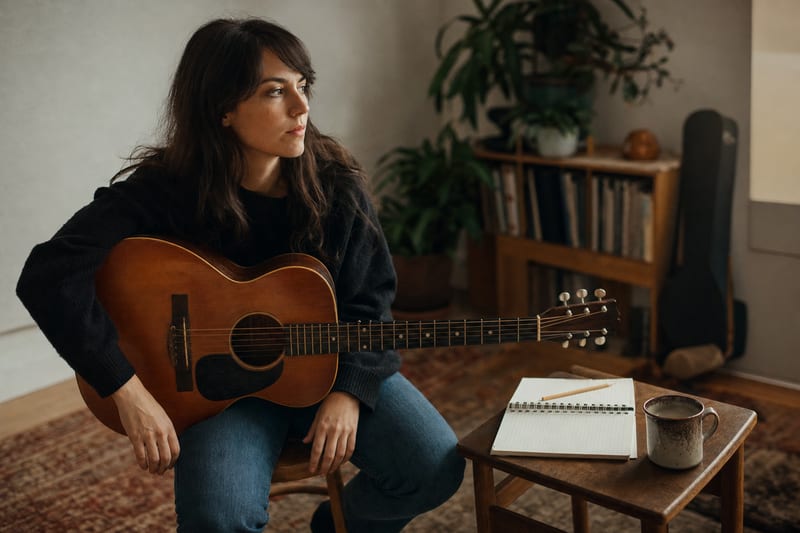 A singer-songwriter seated with an acoustic guitar resting across the lap, an open notebook and pencil and a mug on a side table, in a warm home room.