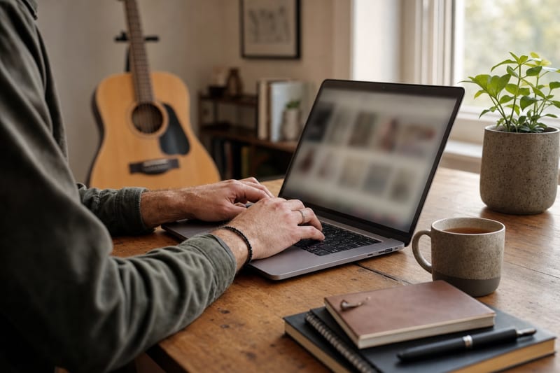 A musician's hands typing on a laptop at a wooden desk by a window, with an acoustic guitar resting on a stand in the background.