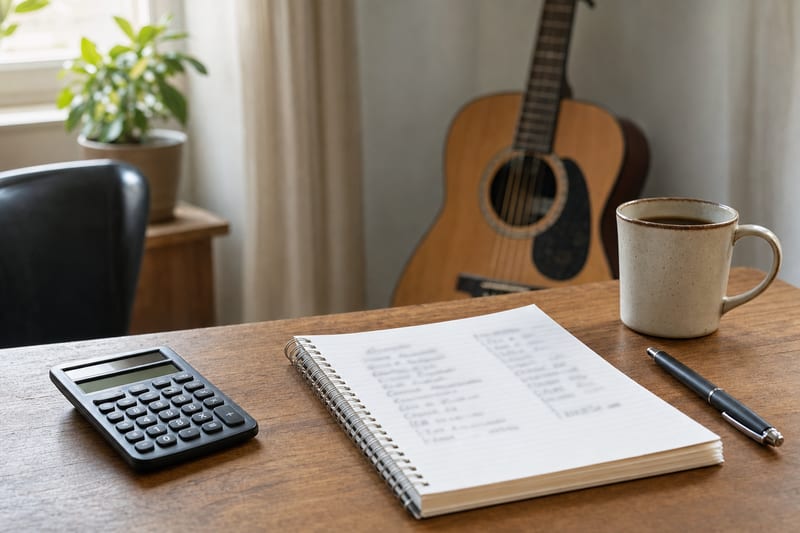 A desk with a calculator, a handwritten income breakdown on a notepad listing several music income streams, and a coffee cup, an acoustic guitar resting against the wall behind in soft daylight