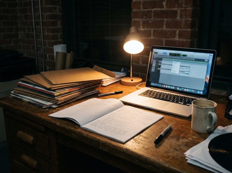 Late-night independent label desk with folders, notebook, and laptop.