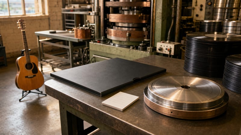Warm vinyl pressing room with a closed record sleeve, metal discs, machinery, and a guitar resting on a stand.