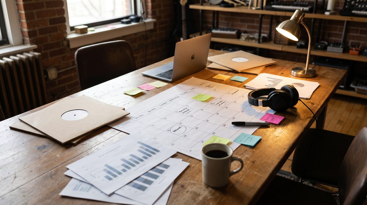 An independent label development workspace with release calendar, headphones, vinyl sleeves, charts, laptop, sticky notes, and coffee.