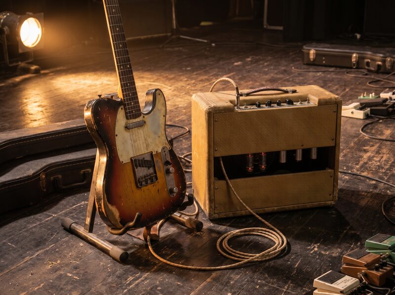 Worn electric guitar and amplifier on a scuffed stage floor.