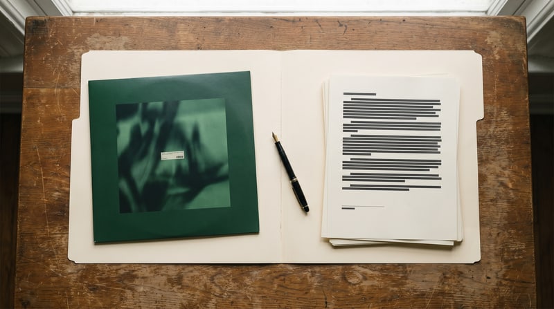 Editorial photograph, top-down view of a worn wooden desk: an open manila folder spread flat across the frame, the left side holding a deep forest-green record sleeve with a small white label, the right side holding a stack of printed pages whose text lines are intentionally blocked out into solid bars, a black fountain pen lying diagonally across the seam between the two halves, and soft daylight from above.
