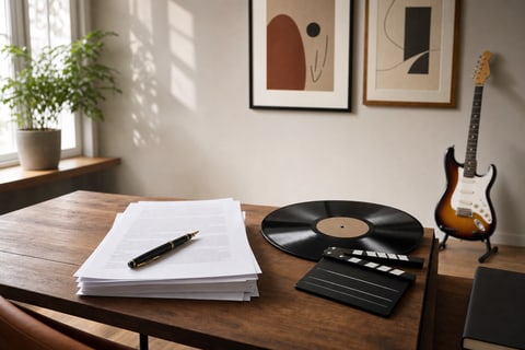 A desk with printed paperwork and a fountain pen, a vinyl record and a film clapperboard side by side, and an electric guitar leaning against the wall in the background
