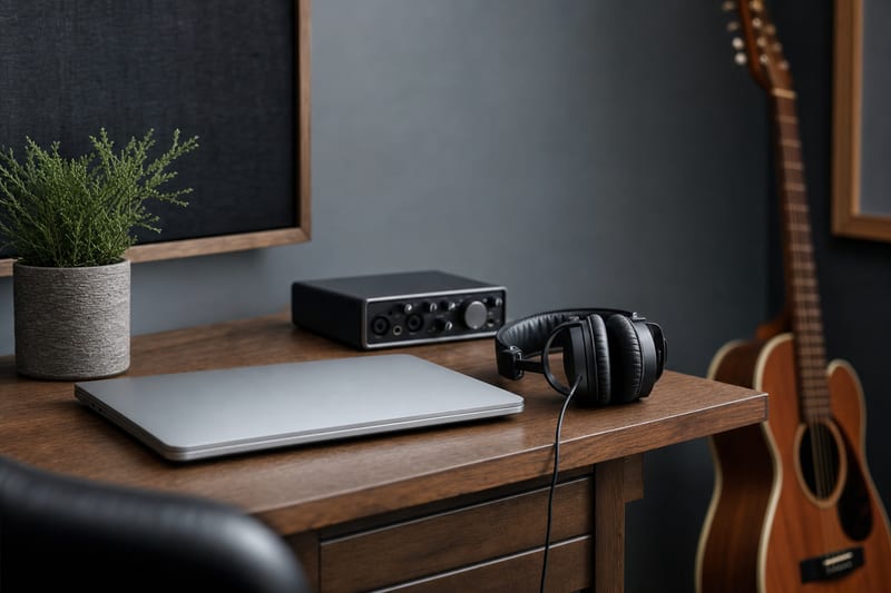 A home studio desk with closed laptop, headphones, and an audio interface, with a guitar resting nearby.