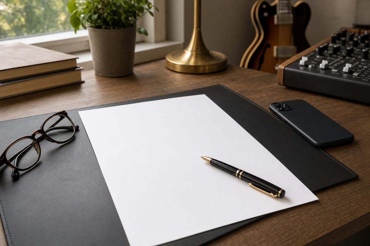 A contract and pen on a small touring desk with a venue calendar and phone, editorial photo, no readable text.