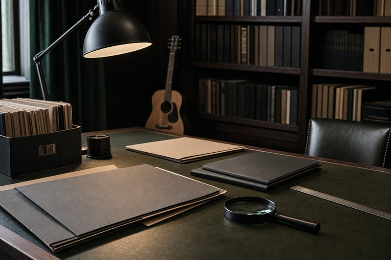 Dark forest-green archival worktable with blank folders, a magnifying glass, a desk lamp, and a guitar leaning safely against a bookcase.