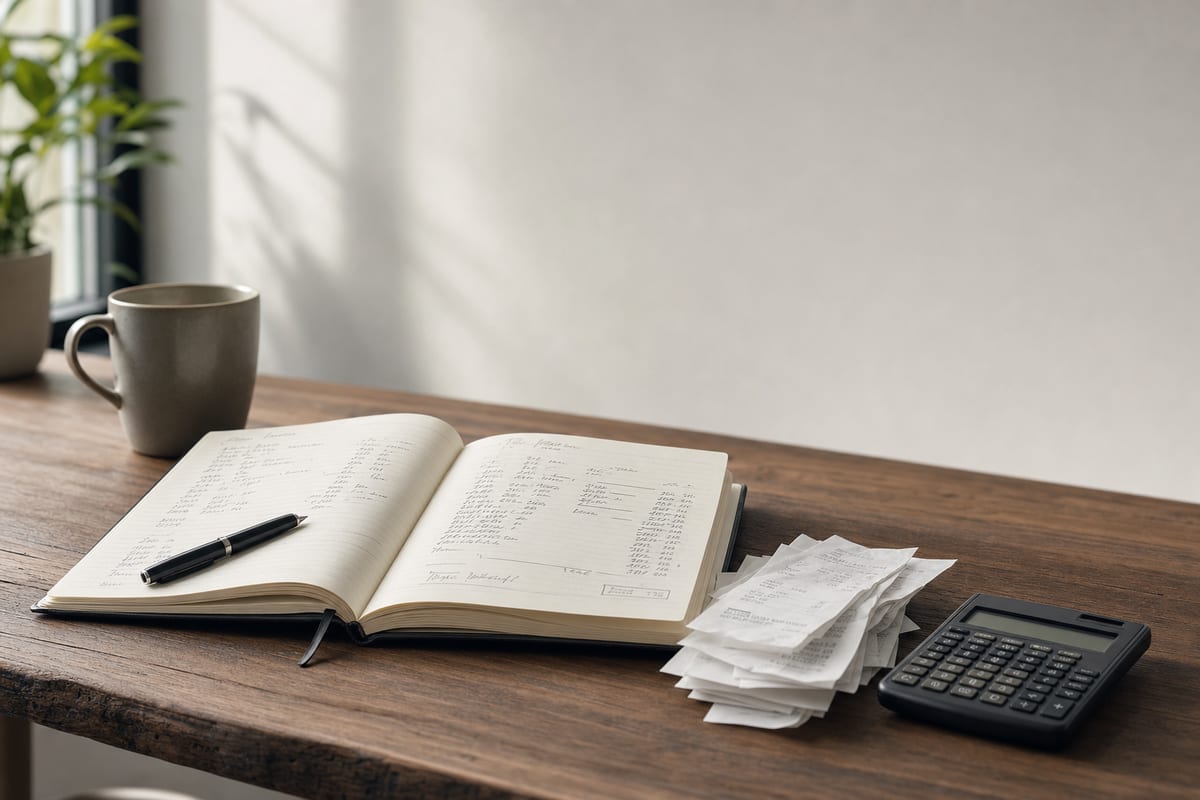 A wooden desk with an open ledger notebook covered in handwriting, a pen, a coffee mug, a small plant, a stack of paper slips, and a basic calculator with a blank display