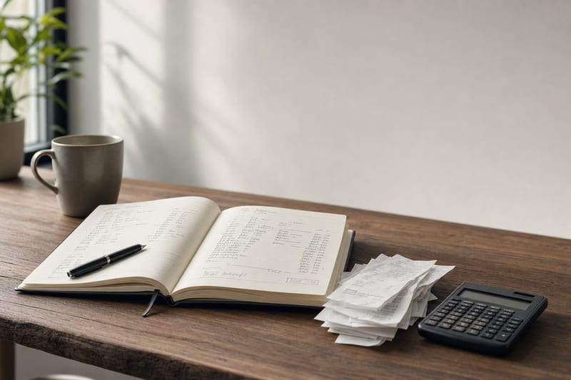 A wooden desk with an open ledger notebook covered in handwriting, a pen, a coffee mug, a small plant, a stack of paper slips, and a basic calculator with a blank display