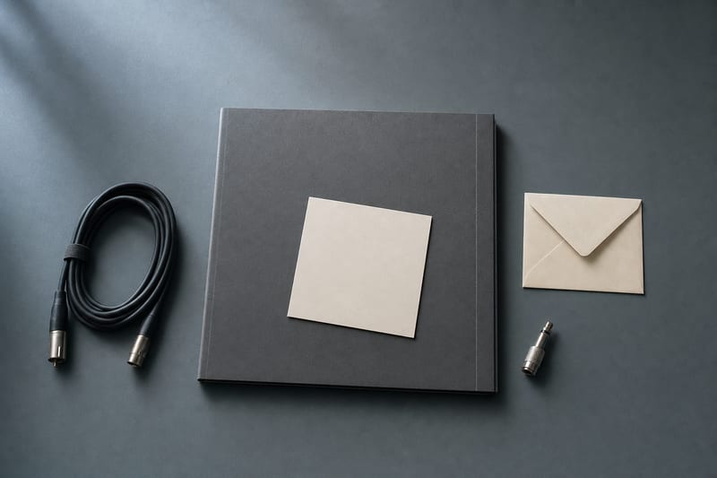 Cool blue-gray overhead desk with a closed portfolio, blank artwork card, cable, envelope, and audio connector.