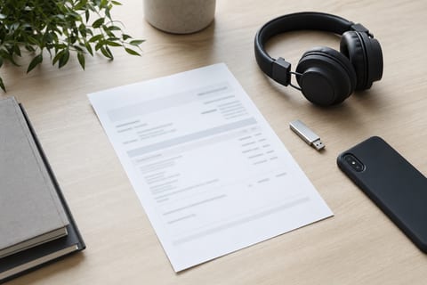 An editorial flat-lay of a laptop, lyric sheet, and label notes laid out neatly on a bright desk