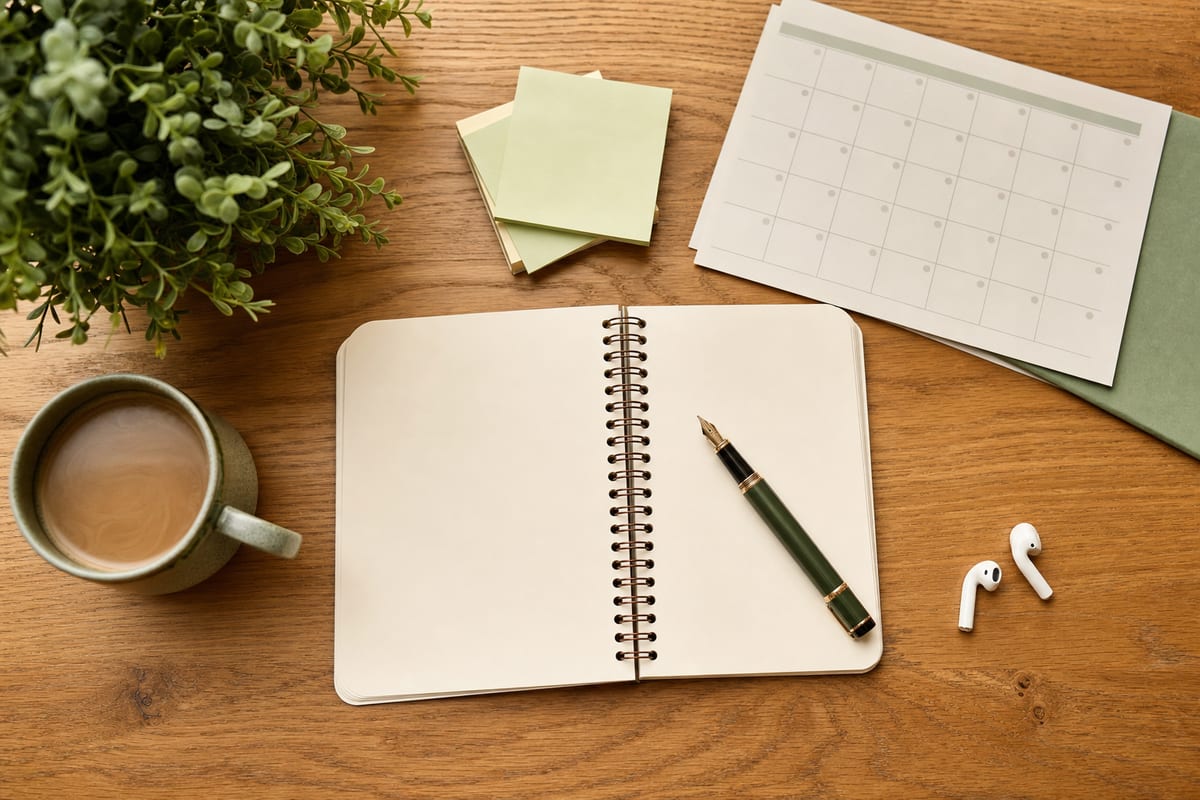 Editorial photo: an artist at a desk with a laptop, a printed release calendar, and cover art proofs spread out, soft daylight, no readable text